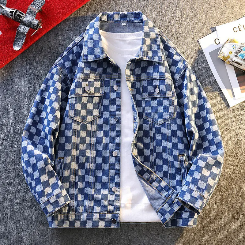 Casual Men's Fashionable Wide Chessboard Pattern Denim Jacket Spring Autumn Wear Resistant Loose Fit Long Sleeve Hooded Coat