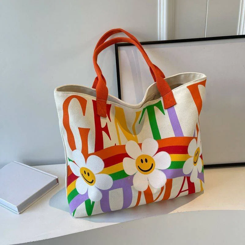 Vibrant Rainbow Striped Canvas Shoulder Tote Bag, Spacious Casual Charm Perfect for Daily Commutes, Campus Days, Weekend Outings