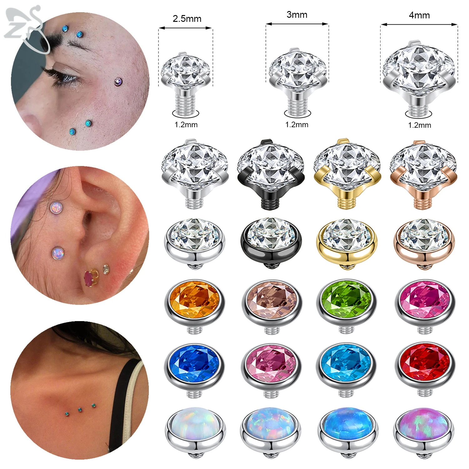 

ZS 10pcs/lot Colorful Zircon Micro Dermal Piercing Set Stainless Steel Dermal Anchor Surface Piercings Skin Diver Body Jewelry