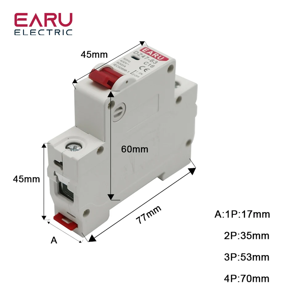 Mini disjoncteur de type C, MCB, montage sur rail DIN 35mm, capacité de rupture 6KA, DZ47 1-4 pôles, 3A, Snap10A, 16A, 20A, 32A, 40A, 50A, 63A, 400V