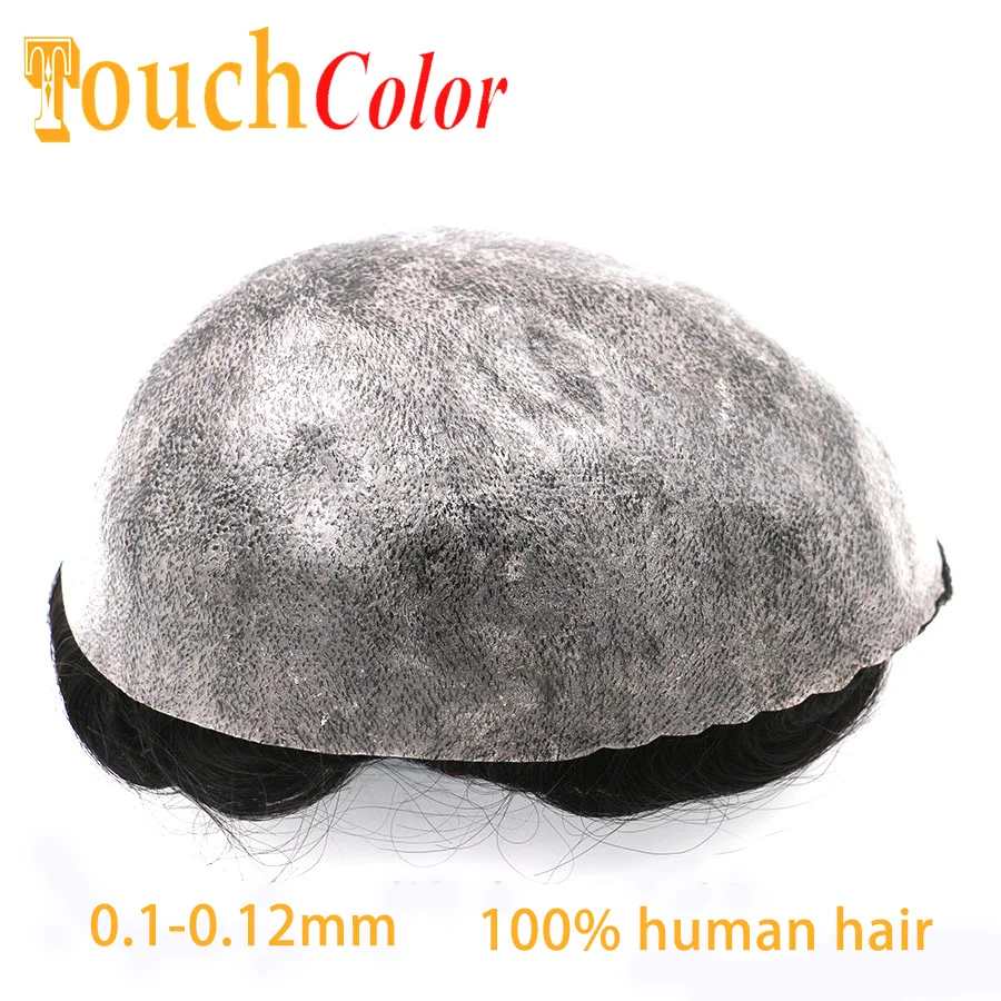 130% Density Men's Capillary Prothesis Men Toupee 0.12mm Full Pu Men Wig Natural Human Hair Replacement System Durable Capillary
