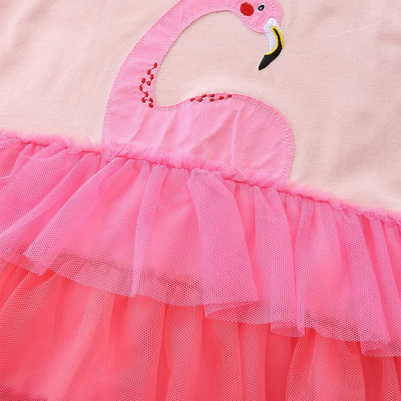 Kids Clothes Summer Children 's Clothing Baby Girls Cotton Embroidery Cartoon Flamingo Multilayer Mesh Dresses