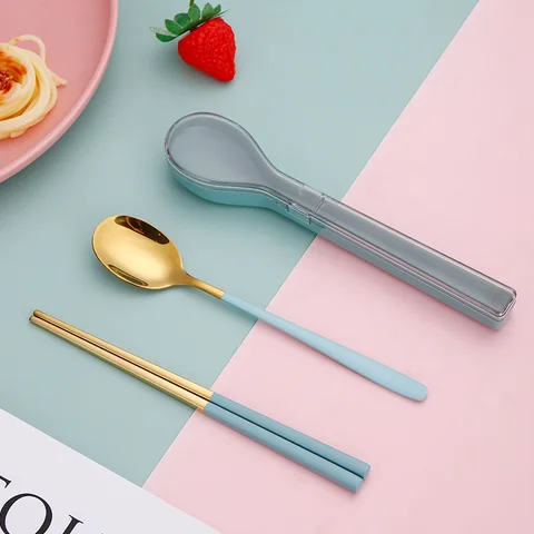 Stainless Steel Cutlery Set Portable Spoon and Chopsticks Set Portable Cutlery Box Set Student Travel Cutlery Set