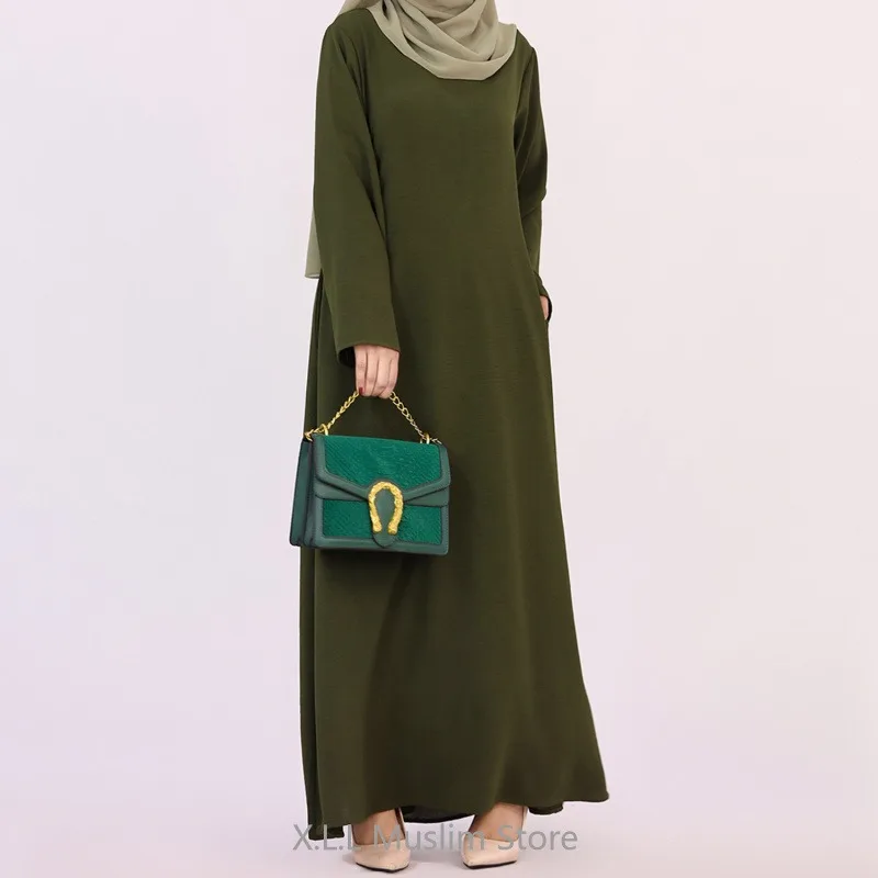 Muslim Women Long Dresses Solid Color Dubai Turkey Kaftan Islamic Dresses Eid Ramadan Abaya Loose Inner Dress With Pockets 2024