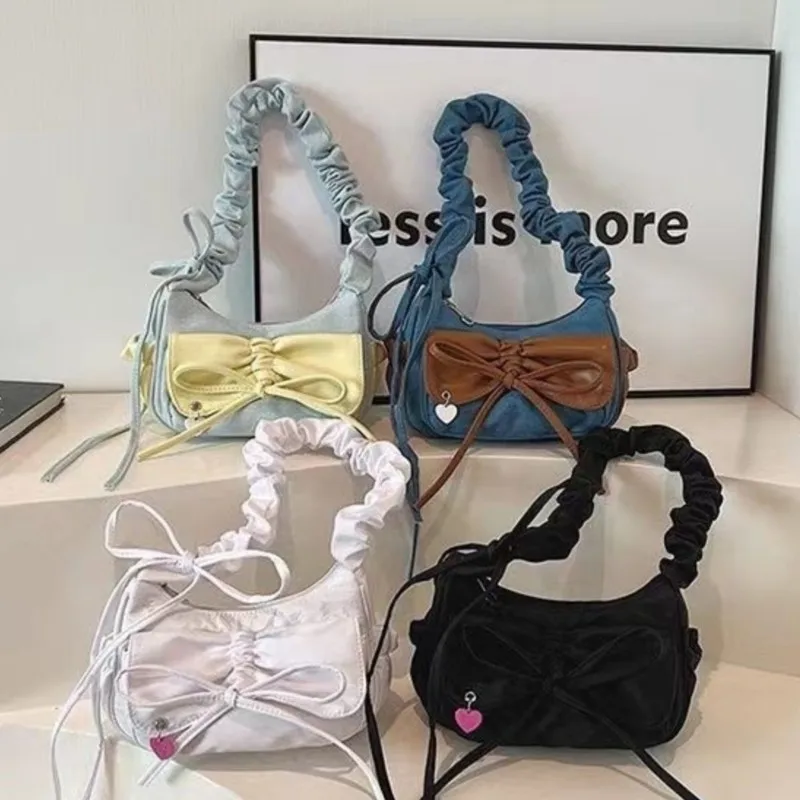 JIAERDI Sweet Cool Denim Shoulder Bags Women Harajuku Bow Chic Cute Y2k Handbag Purse Ladies Casual Blue Underarm Bag Aesthetic