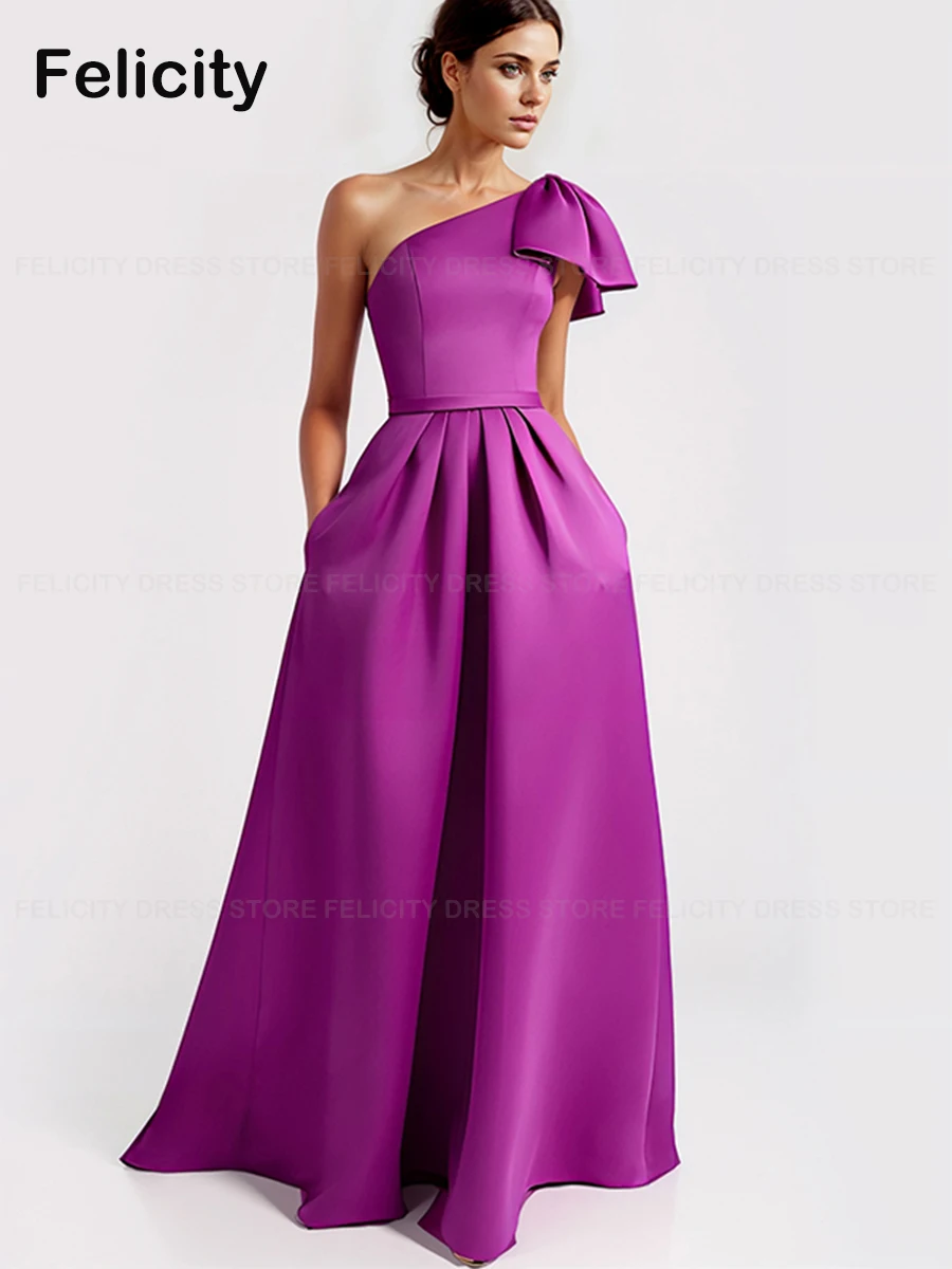 

Satin Mother of the Bride Dress 2023 A-Line One-Shoulder Elegant Party Wedding Guest Dresses Bow Pleated Robes Invitée Mariage