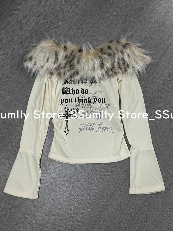Japanese Y2k Fur Collar Tops 2000s Aesthetics Off Shoulder Fashion