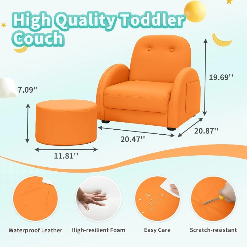 Kids Couch, Toddler Chair with Ottoman, Toddler Couch with 5 Adjustable Backrests, Leatherette Sofa Chair is Waterproof 2
