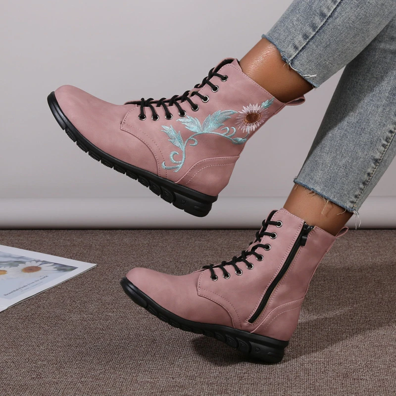 Botas de trabajo estampado para mujer, botines con estampado británico de PU, botines planos a la moda para otoño|Botas la rodilla| - AliExpress