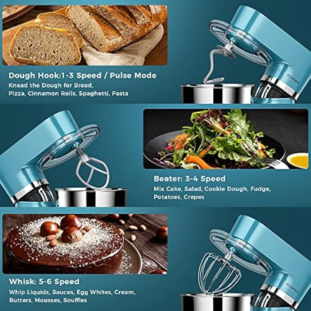 Stand Mixer, POWWA 6.5 Quart Electric Mixer, 6+1 Speed 660W Tilt-Head  Kitchen Food