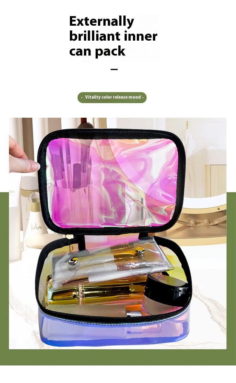 Neuankömmling Klare holografische schillernde Kosmetiktaschen Transparente holografische wasserdichte Reise-Kulturtasche – Detail 3