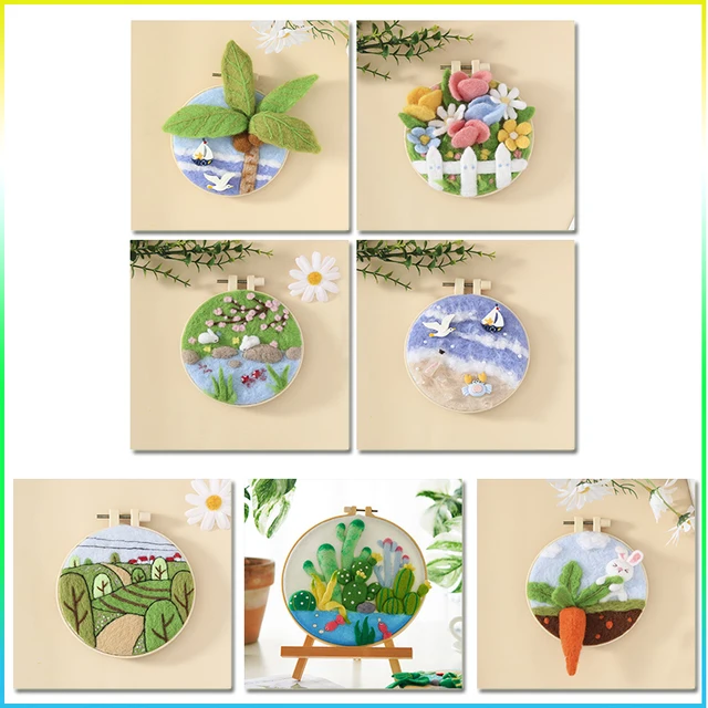 CHENISTORY Wool Felting Painting cactus Kit 20x20cm Frame With Embroidery Flowers Needle Wool Painting Handicrafts Home Decor 1