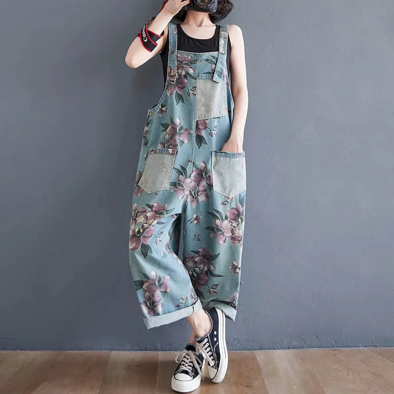 

Denim Jumpsuits for Women Floral Printing Korean Style One Piece Outfit Women Overalls Casual Vintage Playsuits Wide Leg Pants