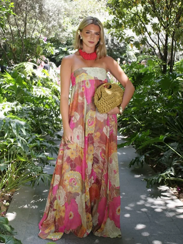 Elegant Pleated High Waist Sleeveless Party Gown Women's Summer Strapless  Maxi Dresses Chic Printed Loose Hem Evening Dress Lady - AliExpress  200000345