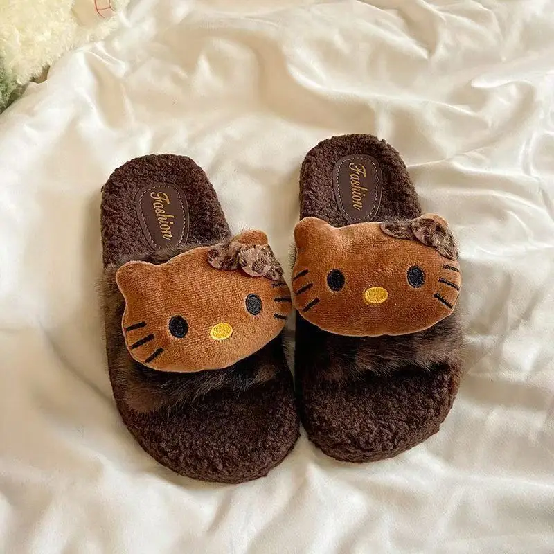 Kitty Cartoon Leopard Print Fur Slippers Kawaii Indoor Comfortable Non-Slip Slippers Cute Couple Cotton Shoes Gift