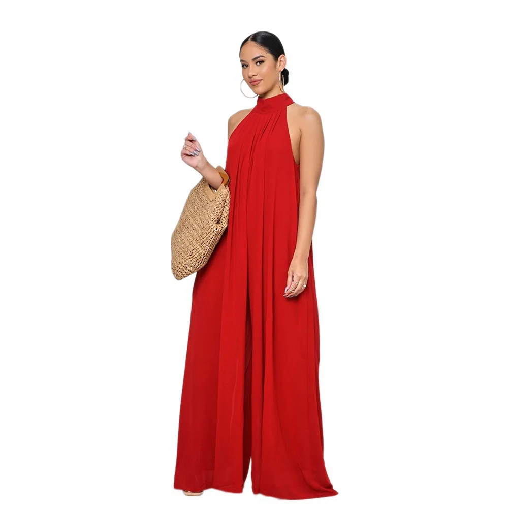 2024 Summer Boho Style Women Chiffon Halter Backless Jumpsuits Loose Style Long Overalls Elegant Party Club Jumpsuit