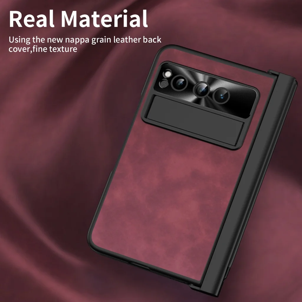 For Google Pixel Fold Case Slot Kickstand with Tempered Film Matte Plain Leather Hard Shockproof Protection Back Cover with Pen