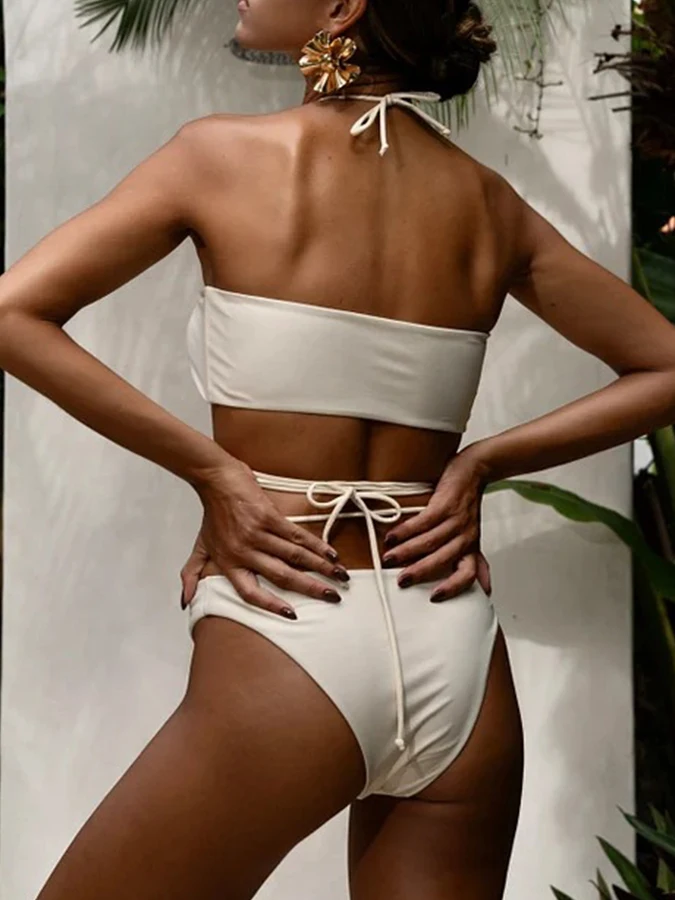 Solid Color Bikini Set Low Waisted Women's Swimwear luxurious Swimsuit Beach Exit Biquinis High Fork Cover-up 2024 New Style