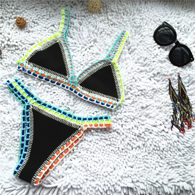 Micro Bikini Handmade Crochet Knit Swimwear Halter Patchwork Bathing Suit Swimsuit Biquini Thong Bikini