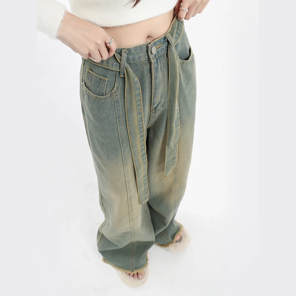 여성용 헐렁한 청바지, 밴디지 디자인, 개성 있는 미국 레트로, 하이웨이스트 용수철, 유니섹스 걸레질, 와이드 레그 팬츠, 십대 인스타 패션