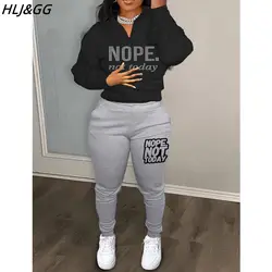 HLJ&GG Fashion Letter Printing Jogger Pants Sets Women V Neck Long Sleeve Top And Skinny Pants Two Piece Outfits Tracksuits 2023