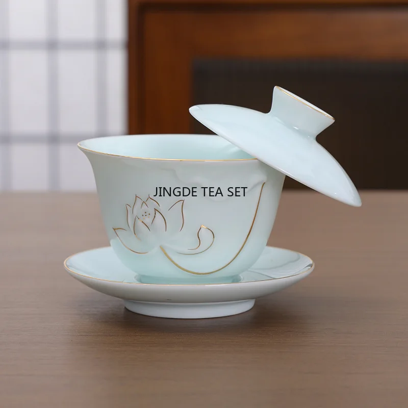 Hoverable Ceramic Single Lid Bowl Chinese Style Shadow Blue Gold Painting Kung Fu Tea Set Tea Making Bowl Porcelain Gaiwan