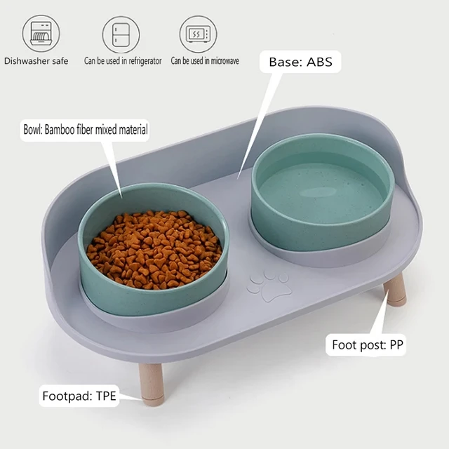 Cat Double Bowl Safety with Wood Stand and Silicone Mat Kitten Puppy Food Water Feeding Elevated Dish Dog Supplies Spill-Proof 2