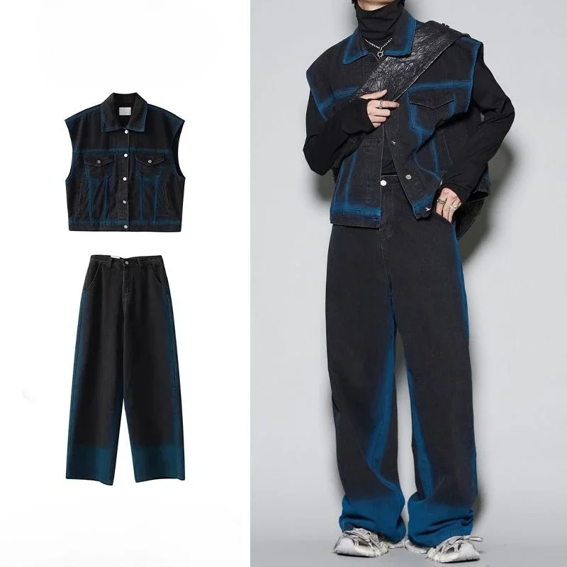 Sleeveless Denim Jacket Man Trousers Sets 2 Piece Outfit Slim Fit Two Set Korean Style 2025 Tee T-shirts Pants Suits for Men