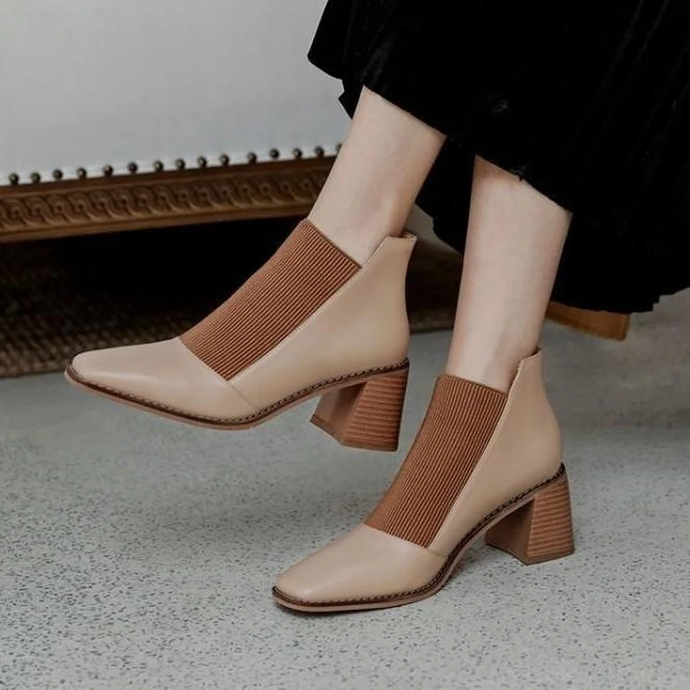 

Эластичные короткие ботинки, женские осенние одноботинки, новинка 2022, Универсальные ботинки в британском стиле, ботинки на Высоком толстом каблуке и с открытым носком