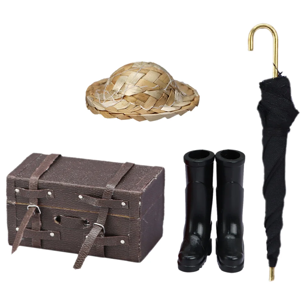 

Dollhouse Travel Accessories Miniature Travel Trunk Suitcase Rain Boots Umbrella Straw Hat Model Mini Scene Props