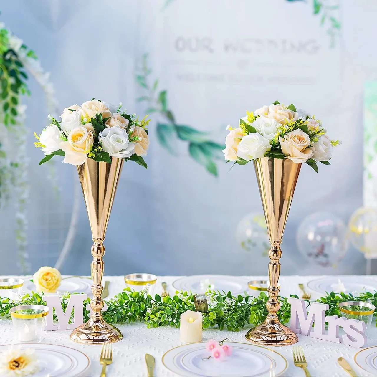 Gold Metal Wedding Flower Trumpet Vase, Table Decorative Centerpiece, Artificial Flower, Ceremony Party, Birthday Event, 10 Pcs 2