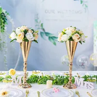 Gold Metal Wedding Flower Trumpet Vase, Table Decorative Centerpiece, Artificial Flower, Ceremony Party, Birthday Event, 10 Pcs 2