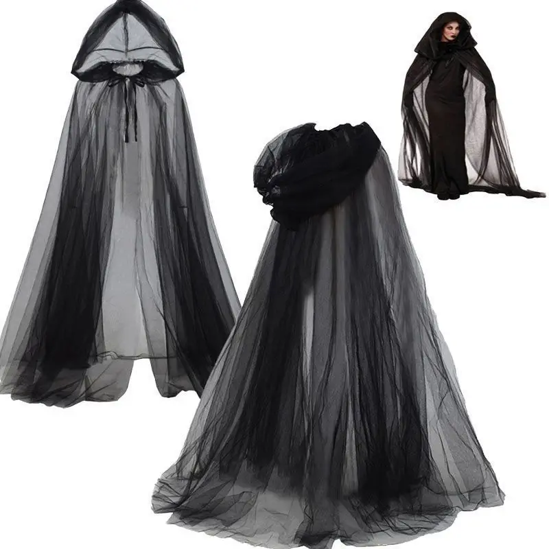 Cape longue noire à capuche en tulle pour déguisement