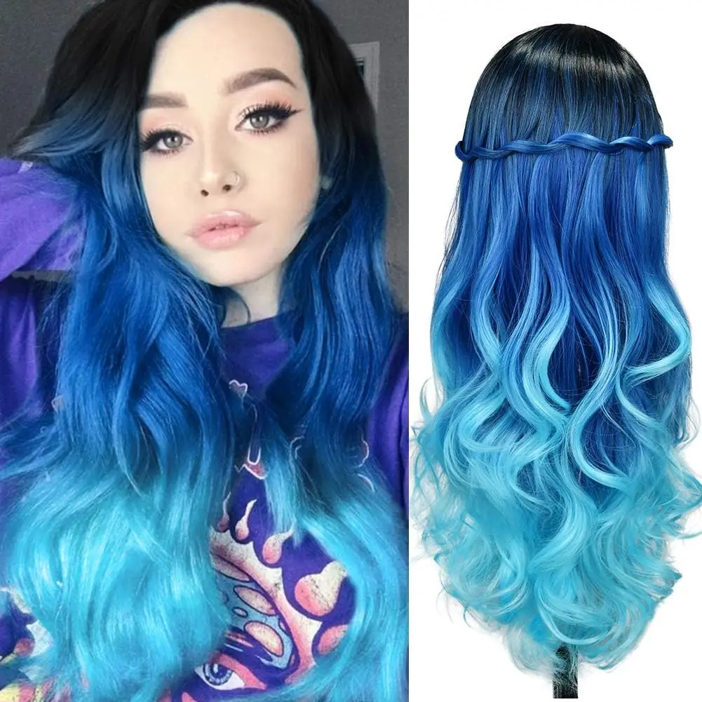 

Ombre Blue Long Hair Body Wave Wig For Black and White Women 3 Tone Colors Navy Blue Wig Synthetic Colorful Hair Wigs