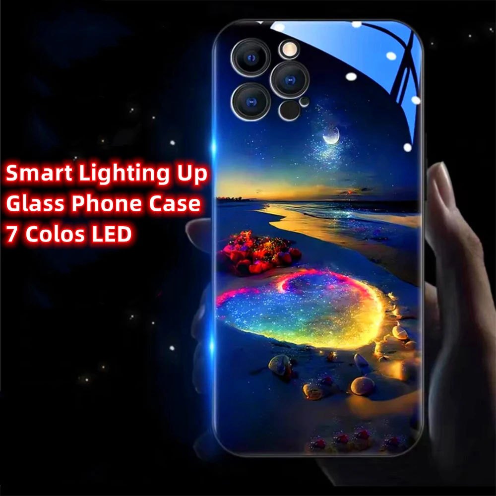 

Luminous Seaside Heart Smart LED Light Glow Tempered Glass Phone Case For iPhone 15 14 13 12 11 Pro Max XR XS Plus 6 7 8 SE2020