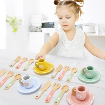 Wooden Kitchen Pretend Play Set Montessori Simulation Plates Dishes Accessories Kitchen Playset Toy for Toddlers Gifts Ages 3+ 2