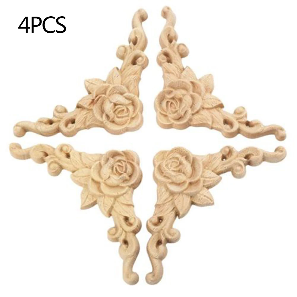 Carved Corner Decal Decorate Frame Wooden Arts Home D&eacute;cor Unpainted European Style Wood 4&times; Rose Applique High quality