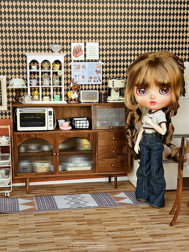 1/6 Doll House Model Furniture Accessories Walnut Wood Sideboard Kitchen Side Cabinet Bjd Ob11 Gsc Blyth Soldier Lol Miniatures