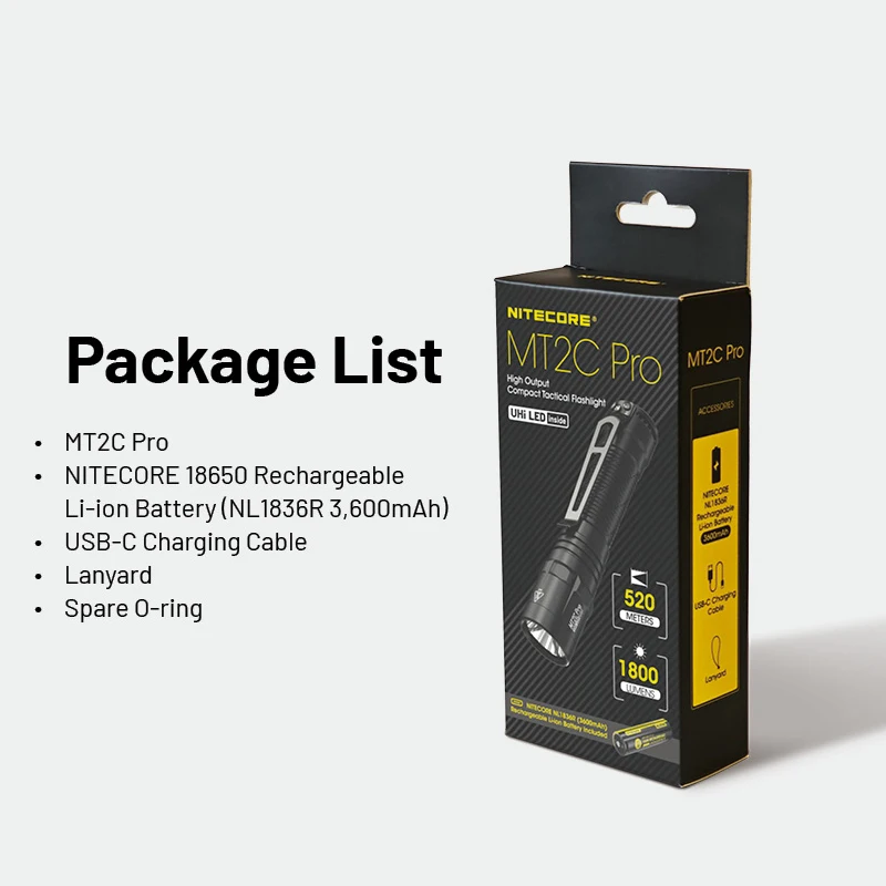 Nitecore MT2C 프로 컴팩트 전술 손전등, UHi20 LED 조명, 1800 루멘 NL1836R 충전식 배터리 포함