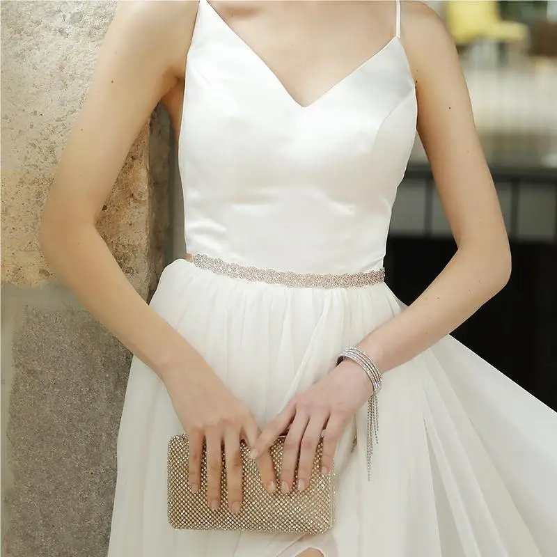Rose Gold Rhinestone Wedding Dress Belt Crystal Satin Accessories Bridal Ribbon Belts