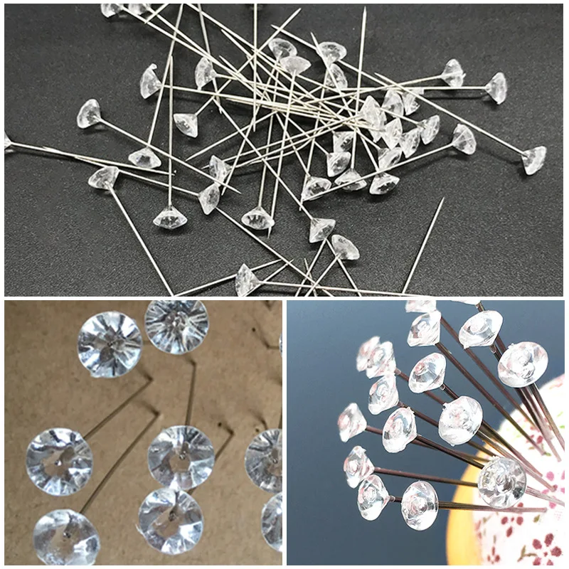 100PCS Bouquet Pins Pearl Corsage Crystal Diamond Head Pins 65MM Straight  Head Pins for DIY Wedding Crafts Jewelry Decoration