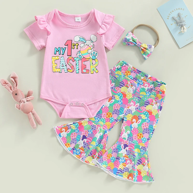 FOCUSNORM Easter Days Baby Girls Clothes Set 3pcs Letter Print Short Sleeve Romper Rabbit