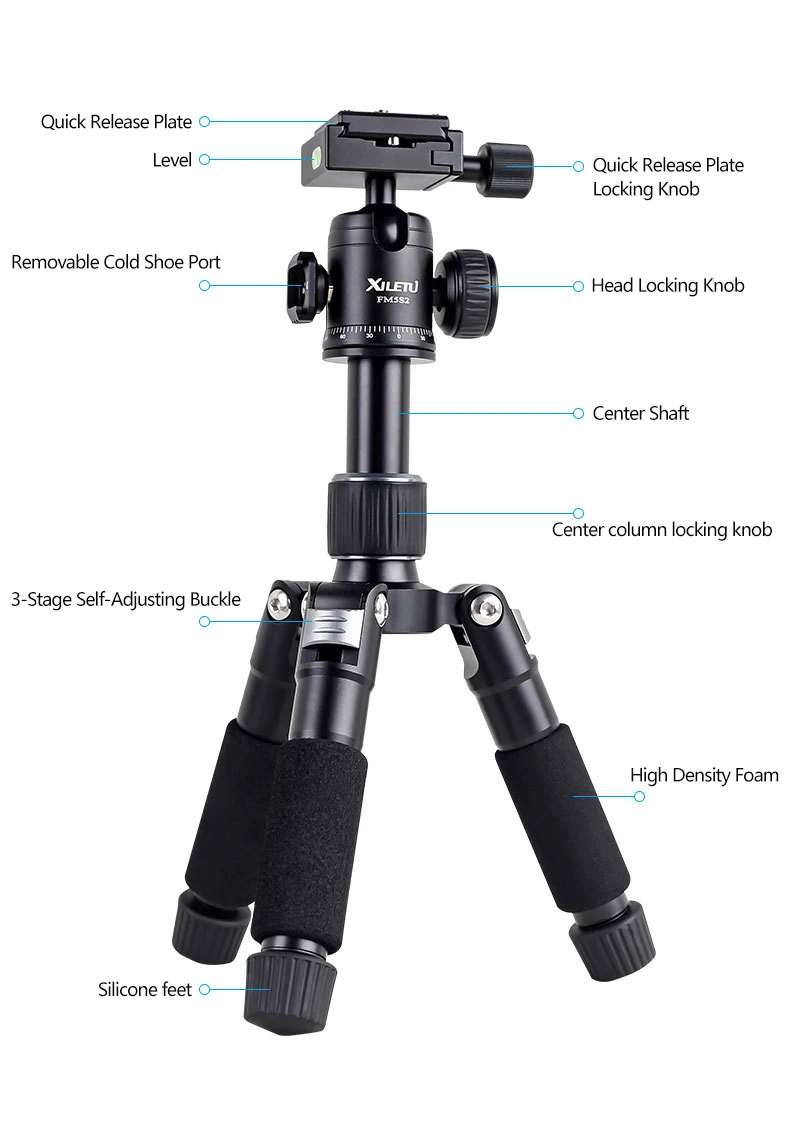 Description Picture 4 of itemXILETU FM5S2 NEW Mini Portable Travel Tripod Lightweight Desktop Live Video Tripod Cold Shoe Expansion Bracket for DSLR Camera