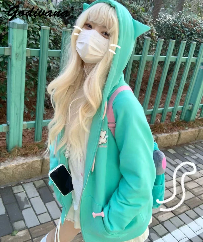 Original Cat Embroidery Green Loose Cute Sweatshirt Hooded Coat New Girls Autumn and Winter Y2K Zipper Hoodie Jacket