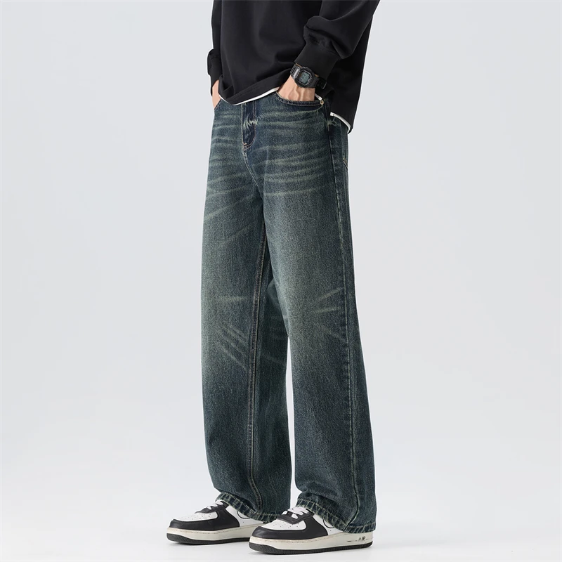 Vintage Jeans Loose Wide Leg Men's Spring New Straight Denim Pants Fashion Embroidered High Street Korean Casual Trousers 3