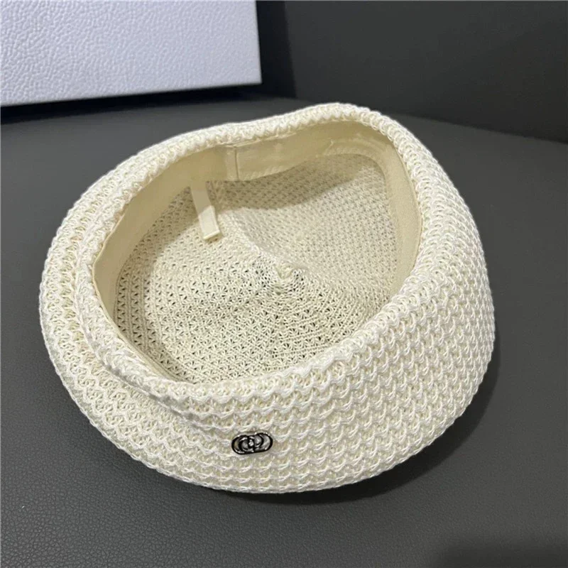 Women's Knit Beret Hat - Breathable Summer Straw Painter Style_voghion.com