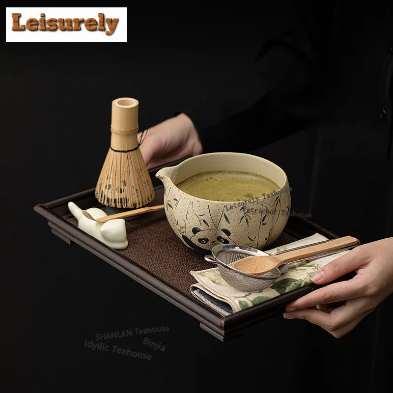 Firestone Red Matcha Eight-piece Set With Gold-emed Panda Ceramic Tea Bowl, Whisk Stand, Baibenli,ornaments Accessories Supplies