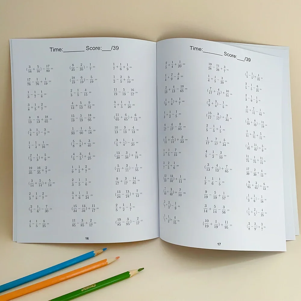 28Pages Adding and Subtracting Fractions with Three Terms- Math Workbook Practice Learning materials for Student Primary School 4