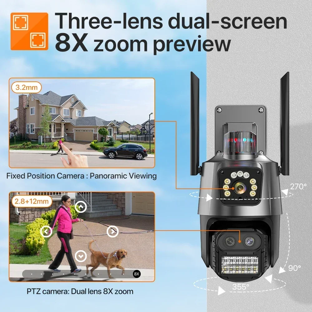 9MP Three Lens WIFI IP Camera 4K HD Dual Screen PTZ Camera Auto Tracking Security CCTV Camera 4MP P2P Video Surveillance iCSee 2