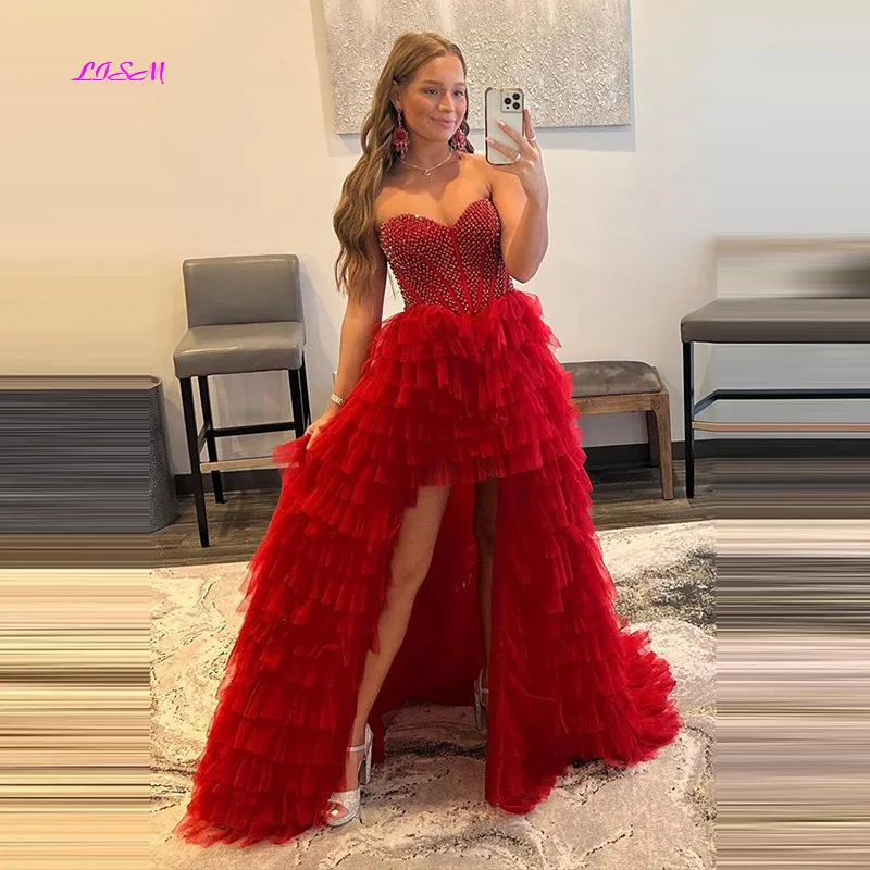 

Red Beaded A-Line Tiered High Low Prom Dress Sweetheart Shiny Formal Evening Gowns Gorgeous Party Dresses Vestidos De Festa